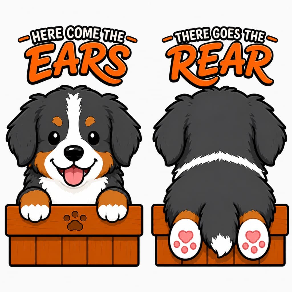 Bernese Mountain Dog peeking over a wooden fence